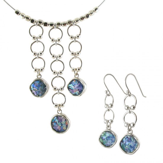 Roman Glass Drop Disk Necklace and Earring Set